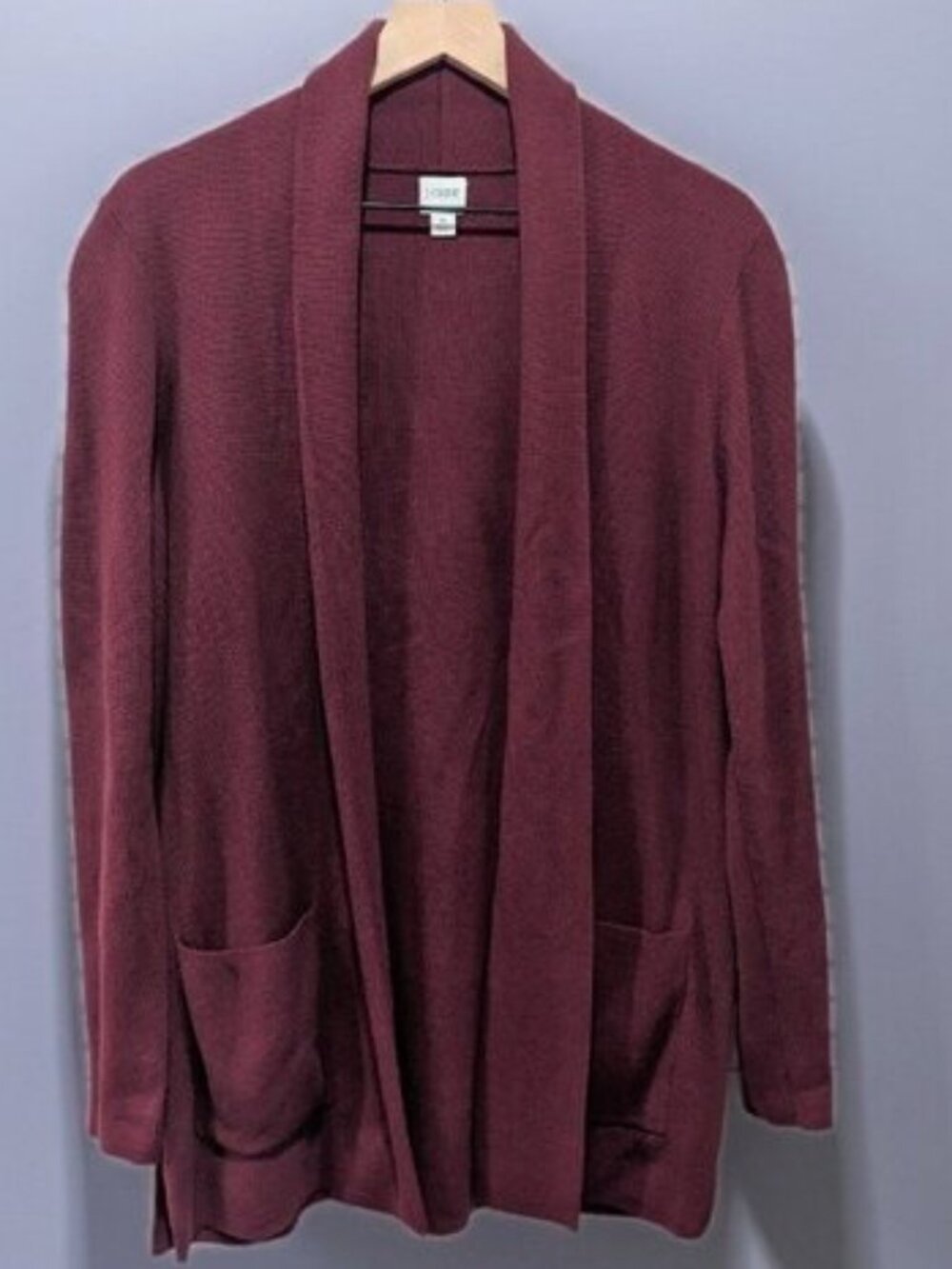 J.Crew Burgundy Wine Shawl Collar Open Front Knit Cardigan Sweater Pockets - Med - Picture 1 of 9